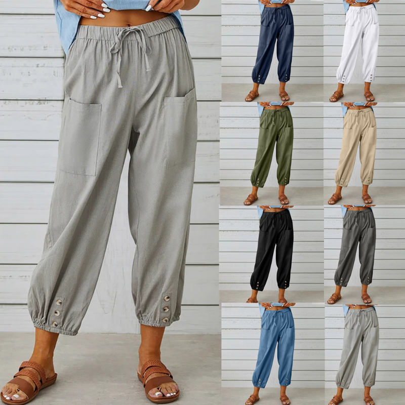 Fashion-New-Spring-Summer-Women-Casual-Pockets-Buttons-Loose-HighWaist-Ankle-Length-Wide-Leg-Pants